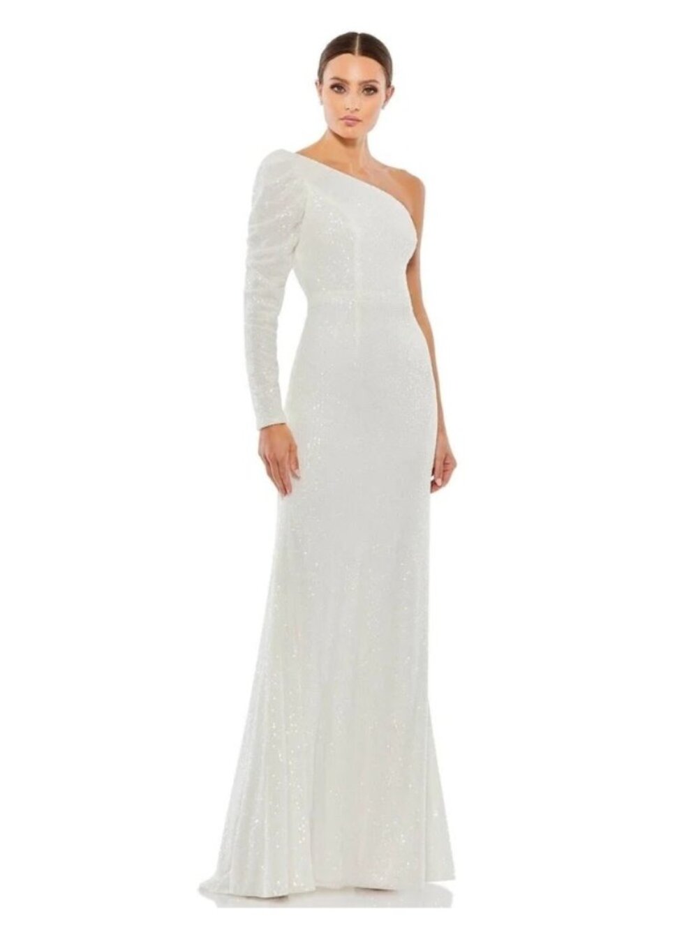 Mac Duggal 26591 White One Shoulder Sequin Gown Size 8 NWT Elegant Formal Dress